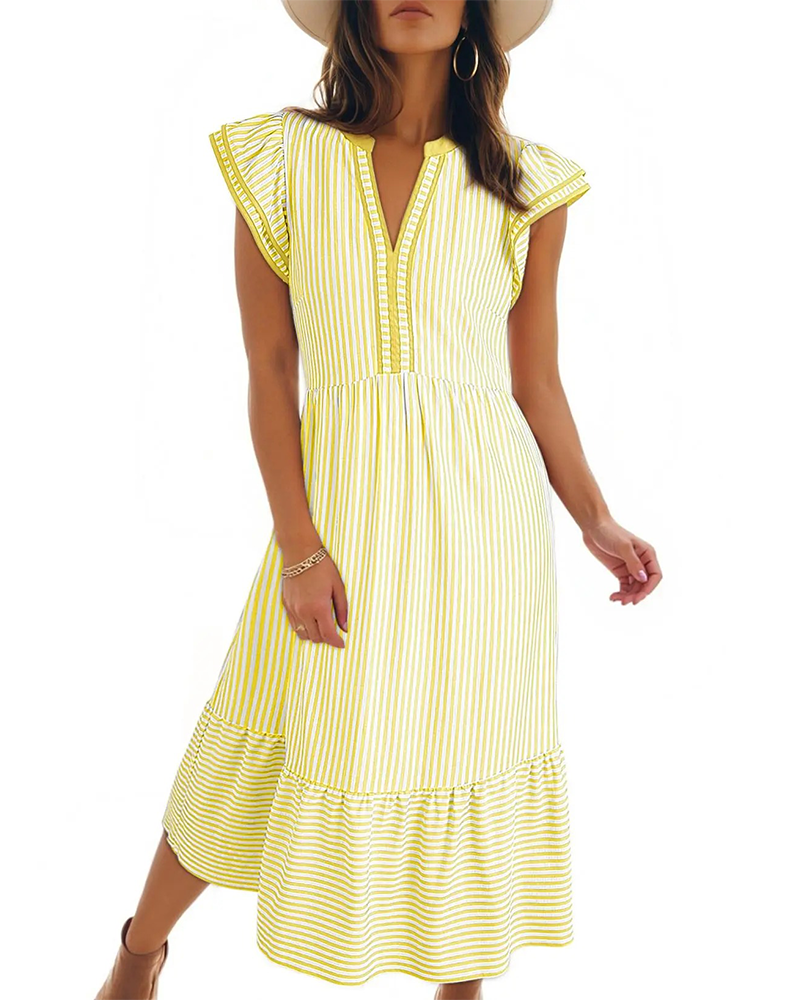 Robe Rayée Double Volant Manches Courtes