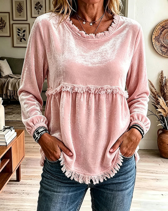 Blouse Frange Froncée Panneau Manches Longues