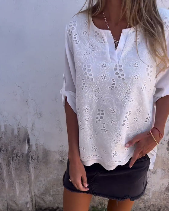 Blouse Unie Patchwork Imprimée Avec Manches Retroussées