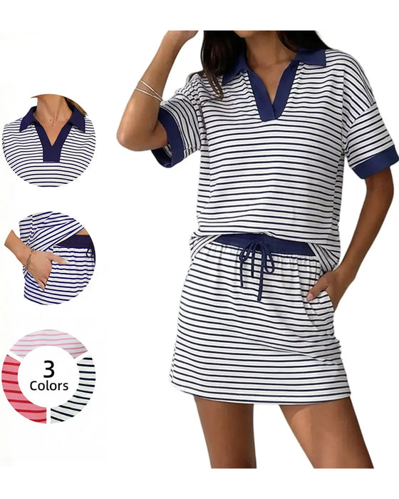 Set Contraste Rayure Polo Manche Courte Jupe