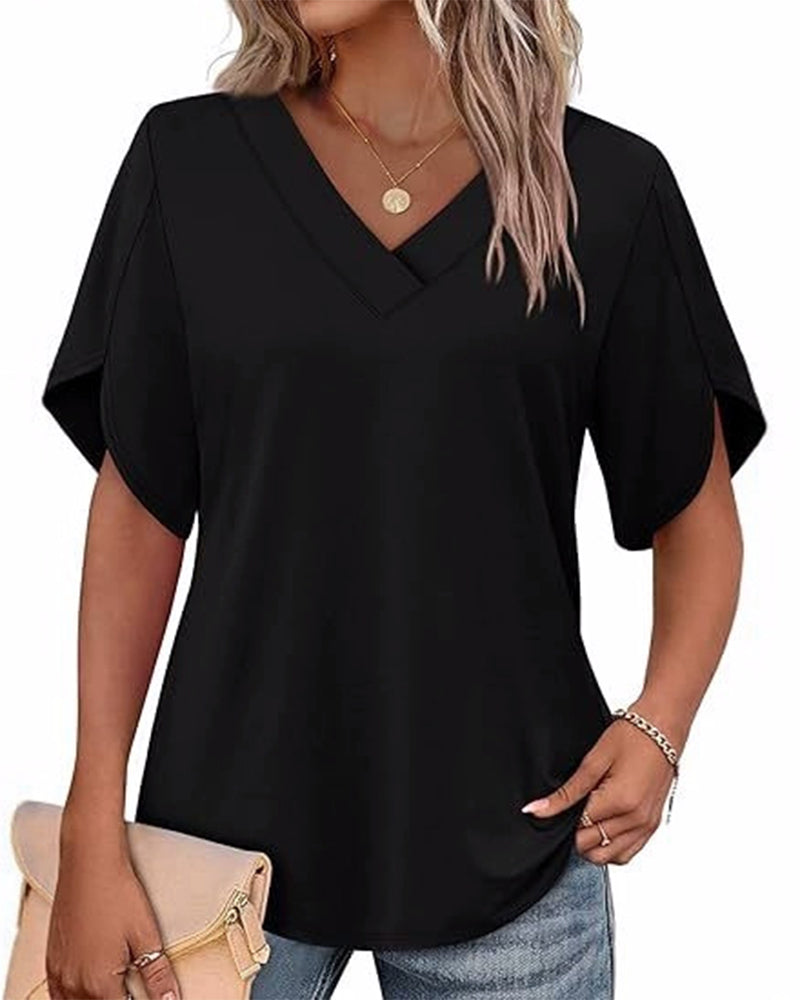 T-Shirt Col En V Petite Fente Manches Courtes Unie