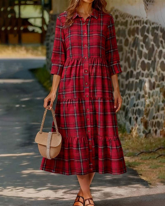Robe Plaid Sept-Quart Manche Superposée