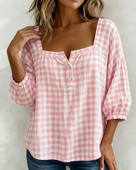 Blouse Col Carré Boutonnage Ecossais