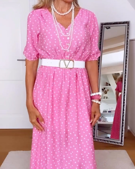 Robe Col En V Bouton À Pois Taille Cintrée