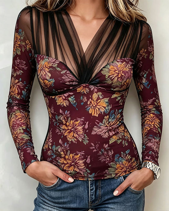 Haut Col V Florale Décontracté