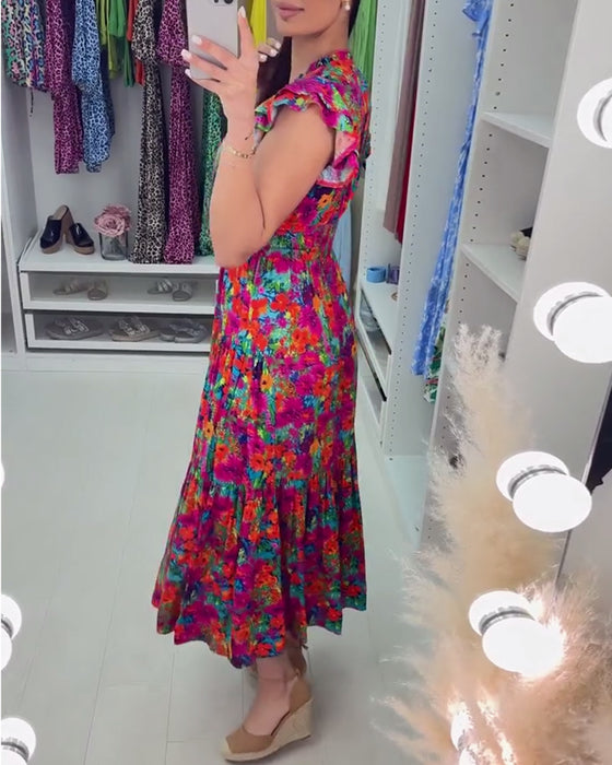 Robe élégante à imprimé floral coloré et col en V