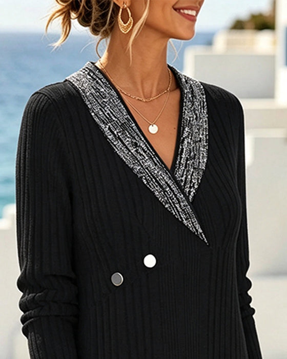 Robe Col V Bloc De Couleur Décontractée