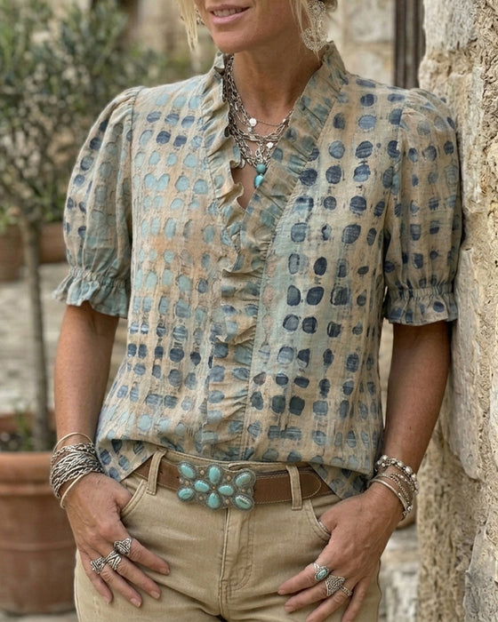 Blouse Pois Volanté Bord Col V