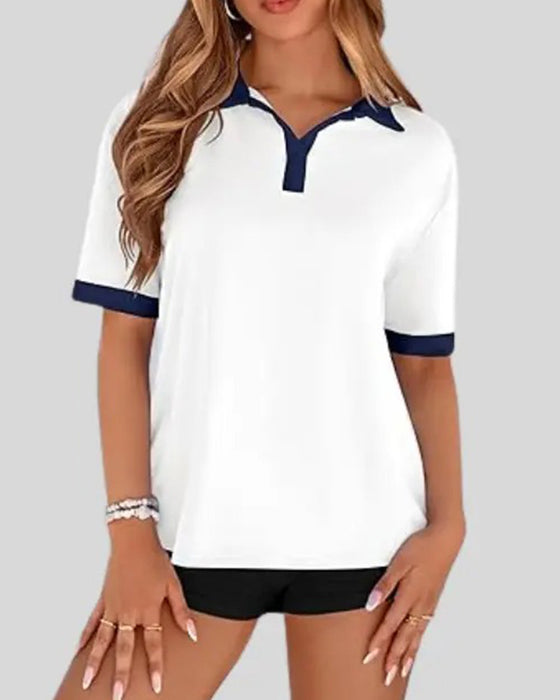 T-Shirt Col Polo Colorblock Manches Courtes
