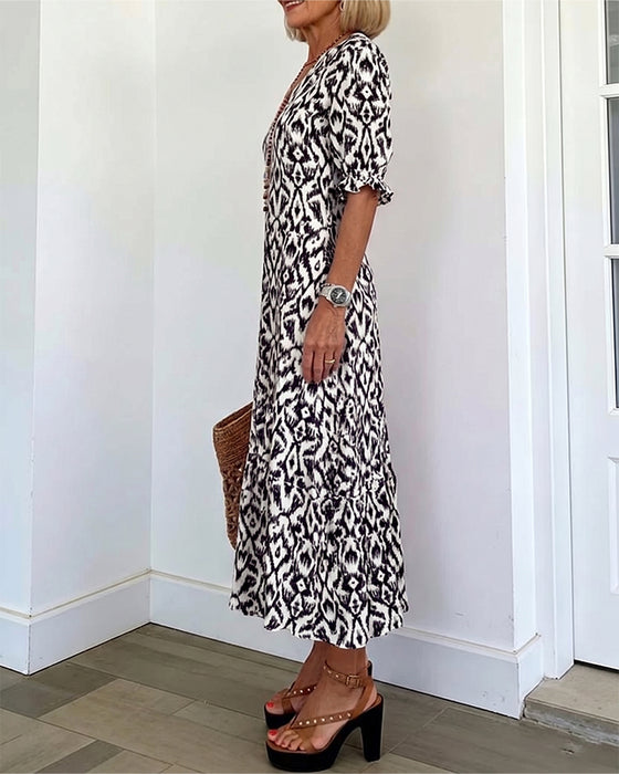 Robe Col En V Manches Mi-Longues Volant Coupe A