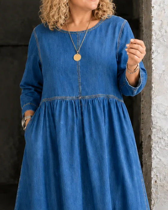 Robe Col Rond Plissée Manche Longue Denim