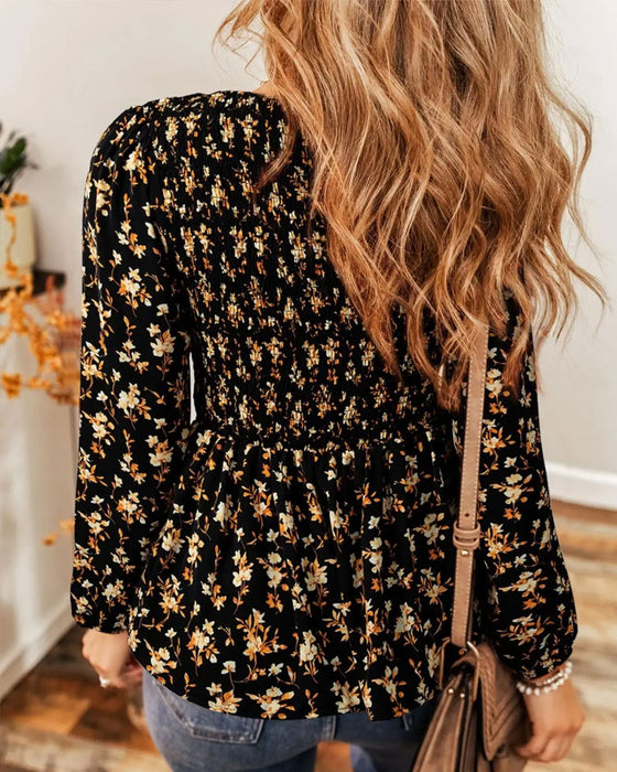 Blouse Florale Froncée Manche Longue