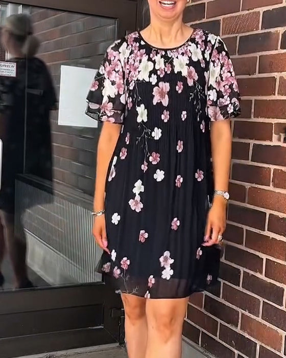 Robe Volant Manche-Courte Florale Plissée