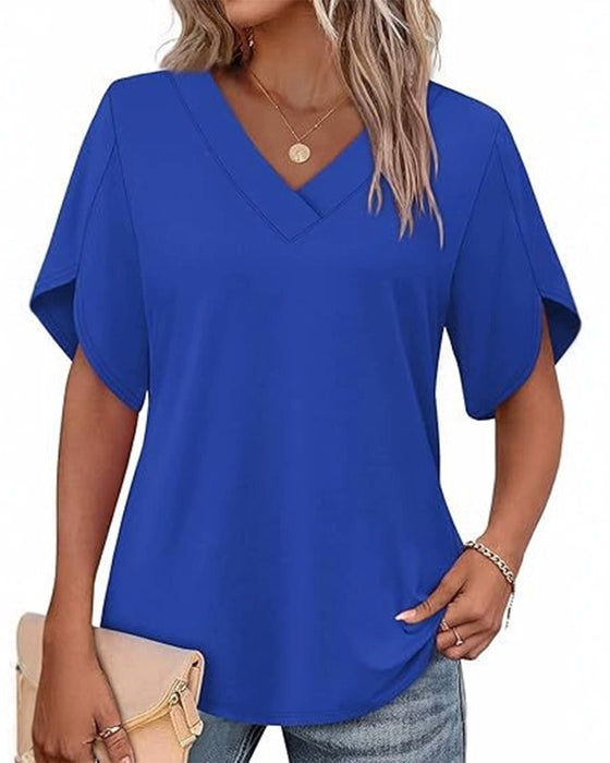 T-Shirt Col En V Petite Fente Manches Courtes Unie