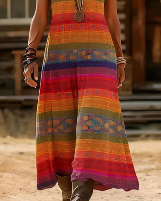 Robe Rayée Style Ethnique Col V Bretelle