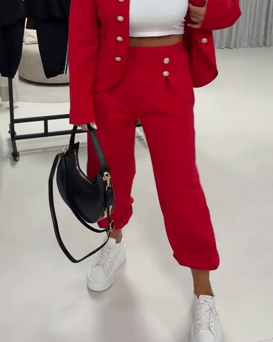Pantalon Unie Taille Haute Décontracté Bouton