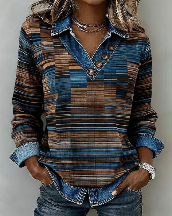 Haut Denim Patchwork Rayure Vintage