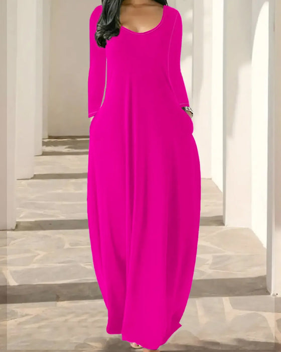 Robe Col-Rond Poche Jupe-Pleine Manche-Longue