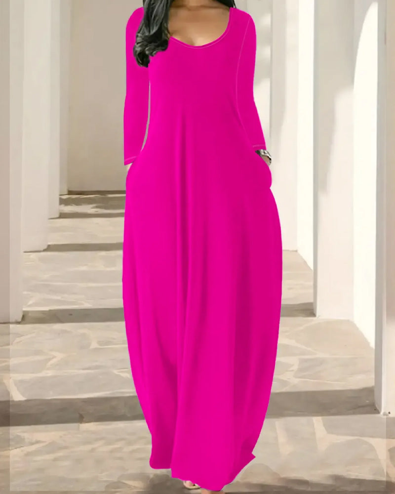 Robe Col-Rond Poche Jupe-Pleine Manche-Longue