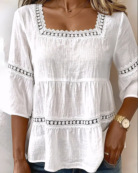 Blouse Manches Courtes Panneau En Dentelle Col Carré
