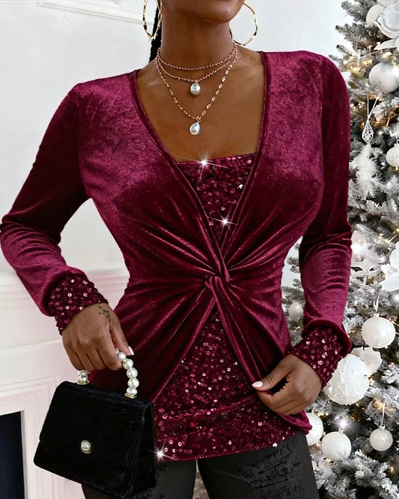 Haut À Paillettes Torsadées Et Patchwork