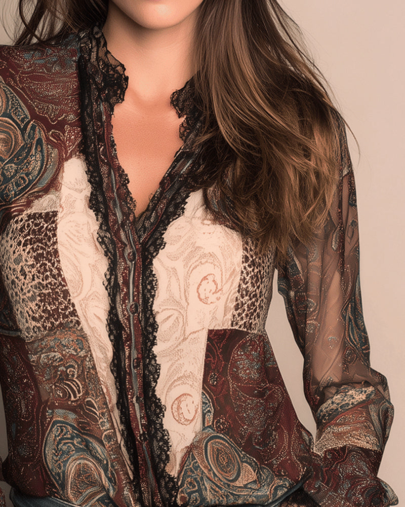 Chemise Imprimé Rétro Patchwork Manches Longues