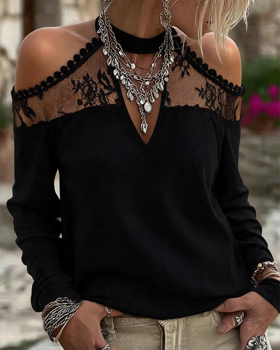 T-Shirt Col V Dentelle Patchwork Off-Shoulder