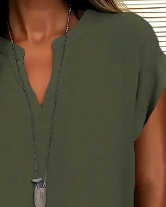Blouse Décontractée Épaule Descendue Col En V Manches Courtes