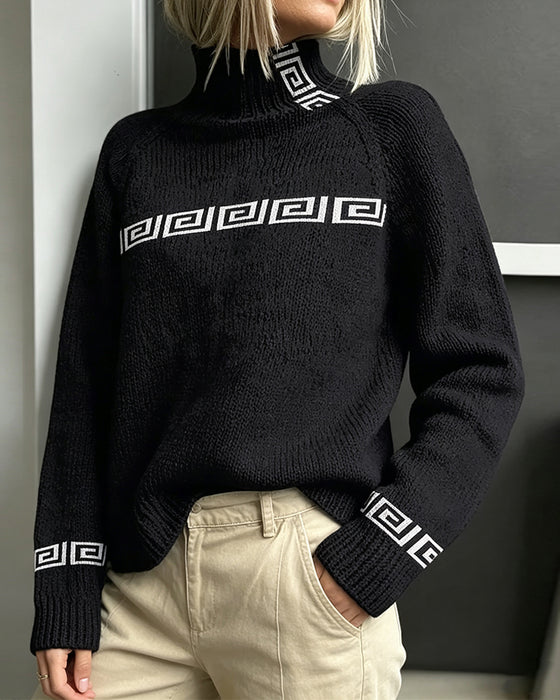 Pullover Sweat Méandre Géométrique Col Roulé