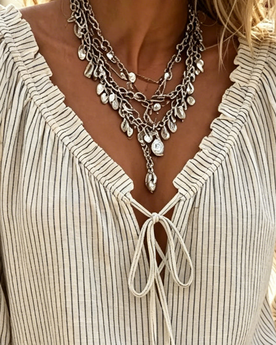 Blouse Décontractée Manches Volantées Lacets
