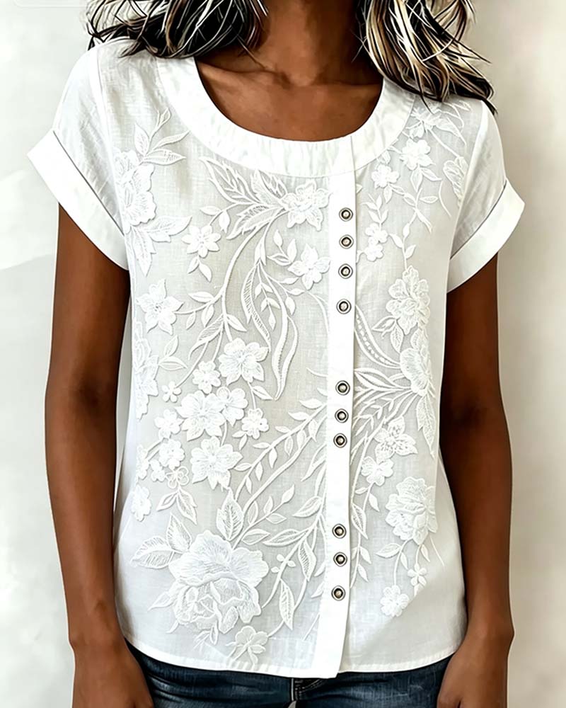 Blouse Fleurie Bouton Col Rond Manches Courtes