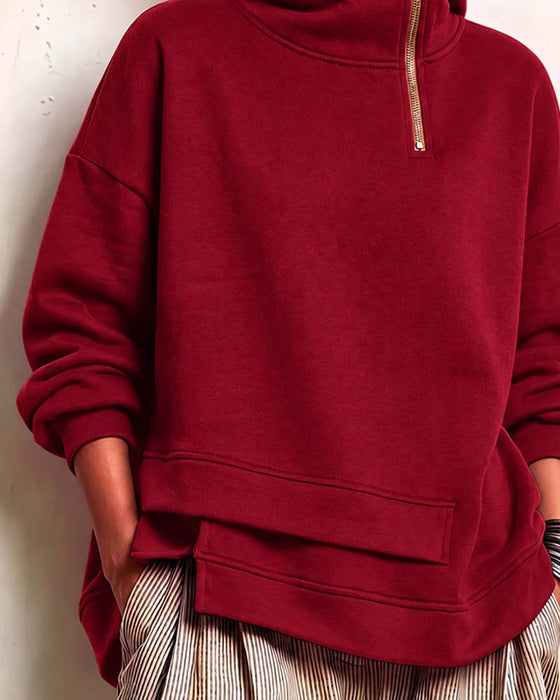 Sweatshirt Col Roulé Fermeture Éclair Irrégulière
