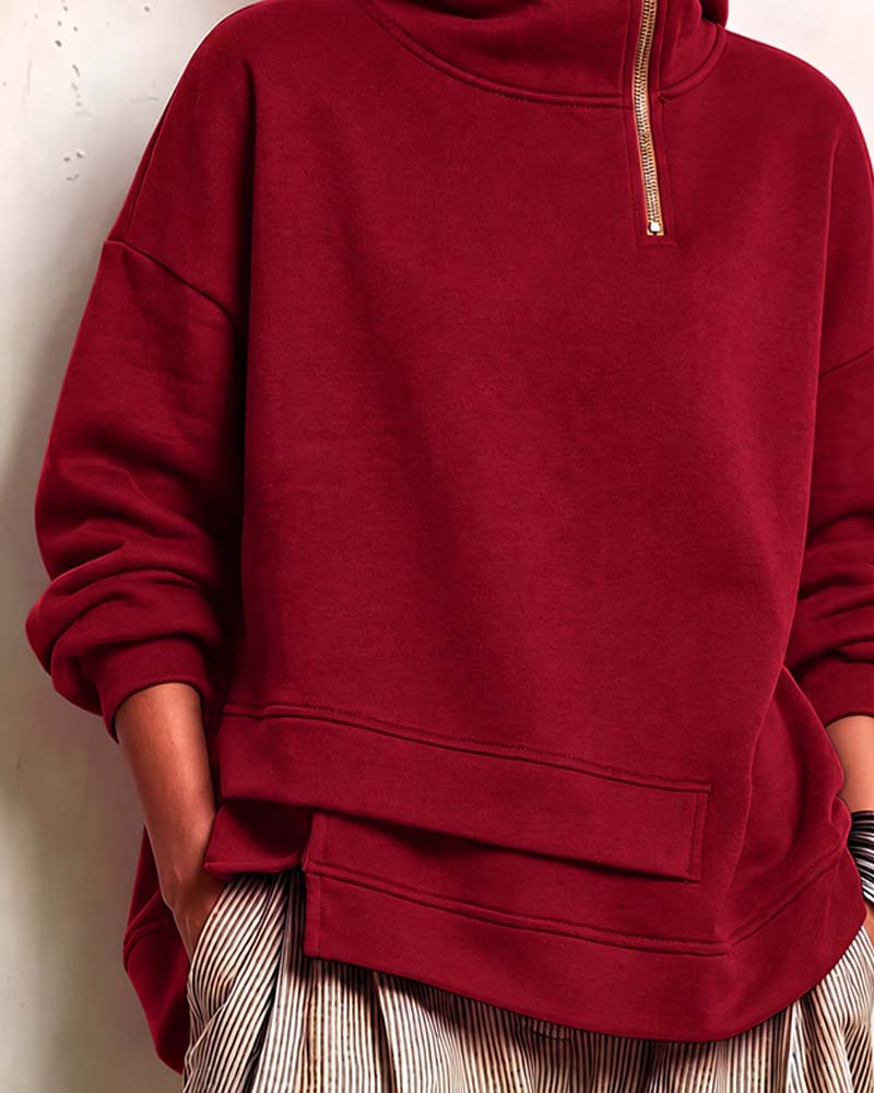 Sweatshirt Col Roulé Fermeture Éclair Irrégulière