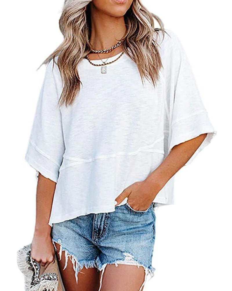 T-Shirt Sans Fente Rapiécé Uni Manche Cloche