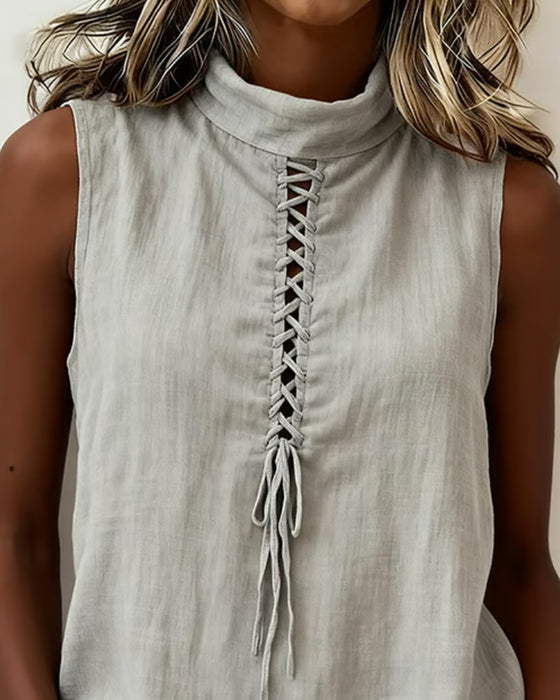 Tank Top Col Mock Cravate Sans Manches