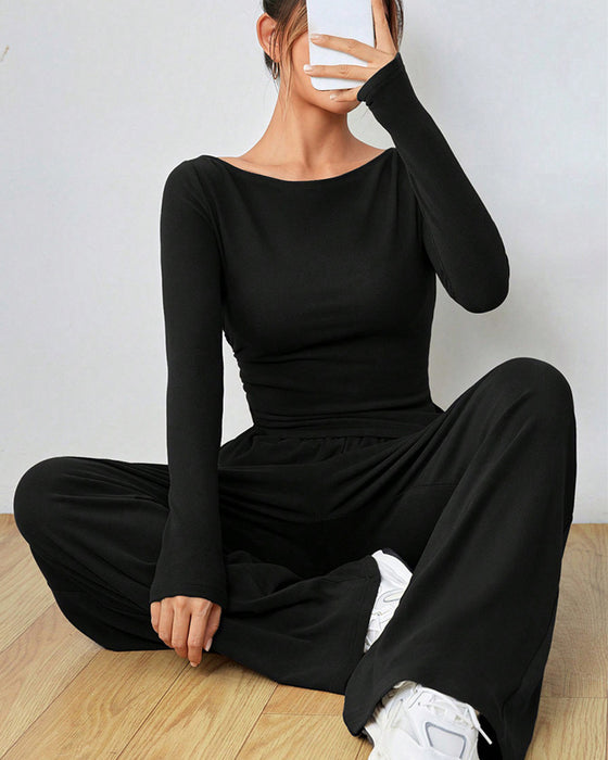 Ensemble deux pièces - haut de couleur unie et pantalon large