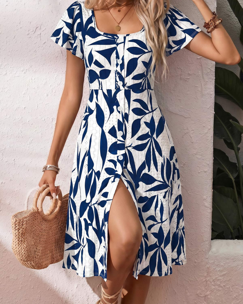 Robe Col Carré Lmprimé Floral Manches Courtes