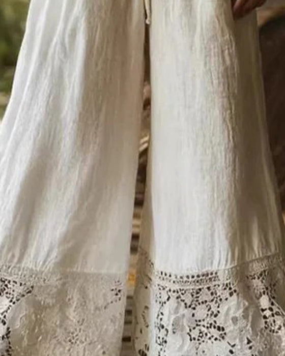Pantalon Taille Élastique Cordon De Serrage Dentelle Patchwork Large Jambe