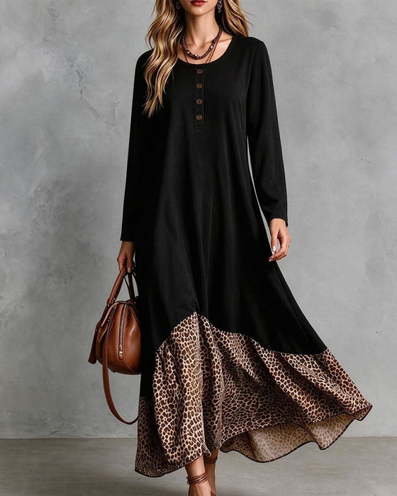 Robe Col Rond Bouton Léopard Imprimé