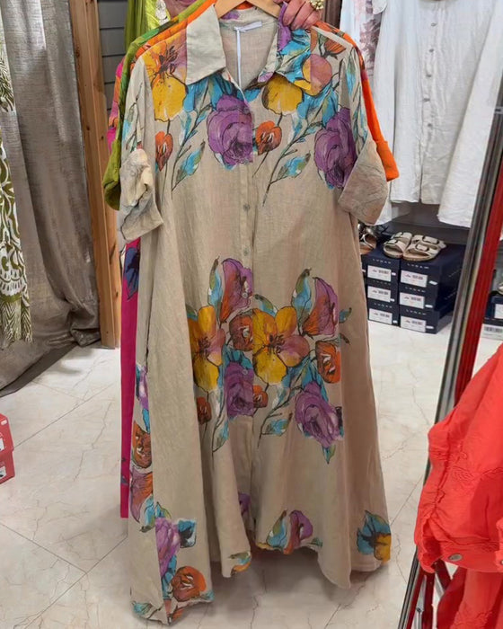 Robe Aquarelle Grande Florale Imprimé Revers Longue