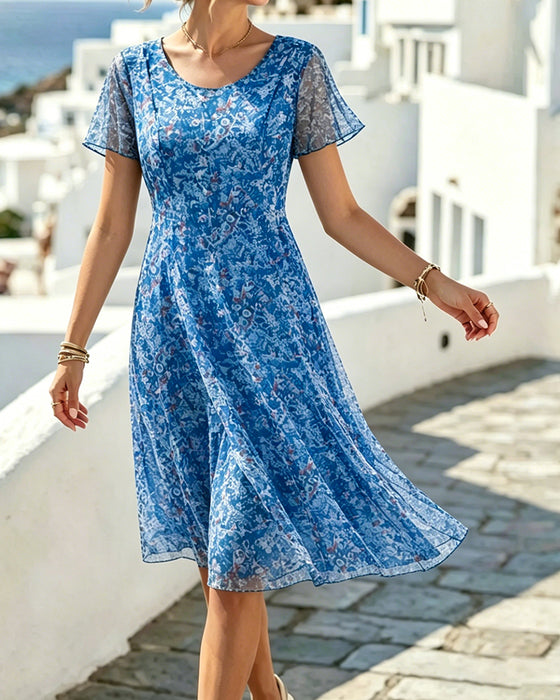 Robe Floral Manche Courte A-Ligne