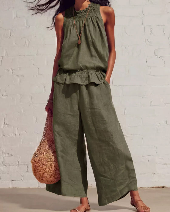 Ensemble Sans Manches Volant Pantalon Large