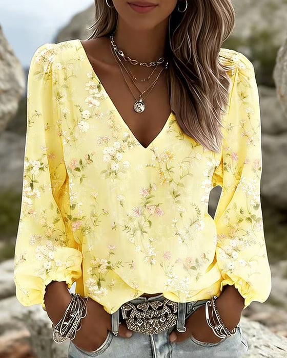 Blouse Fleurie Col V Manches Bouffantes