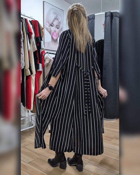 Manteau Chemise Col Bouton Rayé Fente