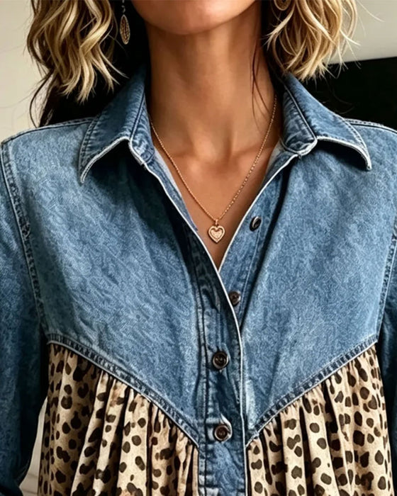 Haut Denim Léopard Imprimé Patchwork Col