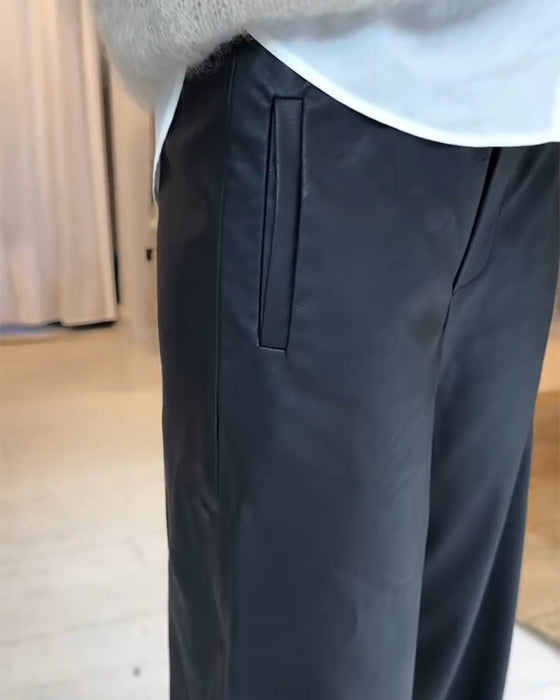Pantalon Drapé Jambe Large Décontracté Cuir