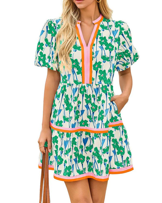 Robe Col V Floral Manche Ballon Patchwork