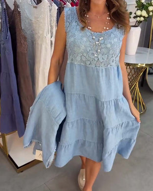 Robe Col Rond Sans Manches Dentelle Superposée