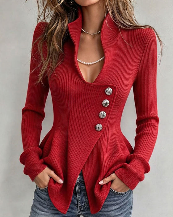 Pull-Over Col Montant Asymétrique Bouton Taille Irrégulière