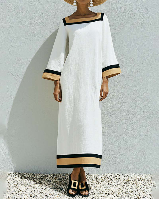 Robe Col Carré Bloc De Couleur Ample Longue